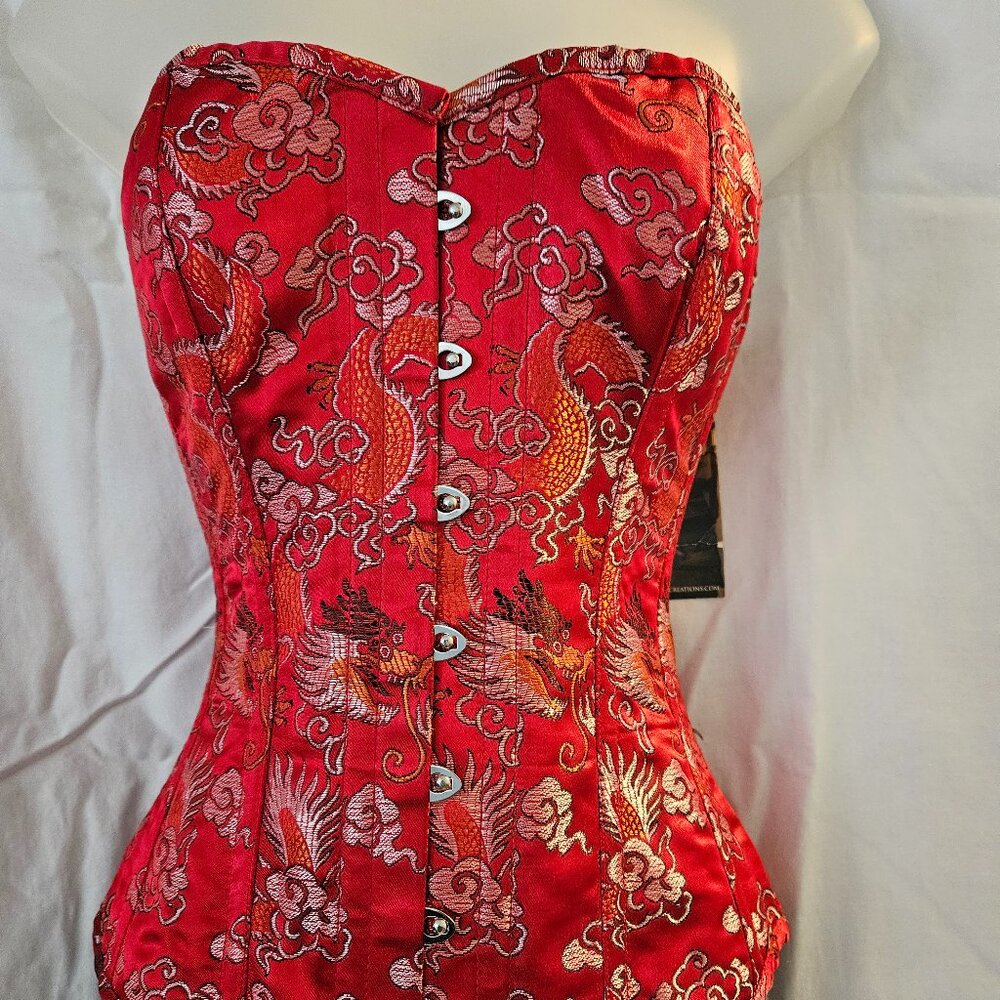 NEW VINTAGE XS Dangerous Liaison TIGHT LACING Corset RED Dragon SILK BROCADE